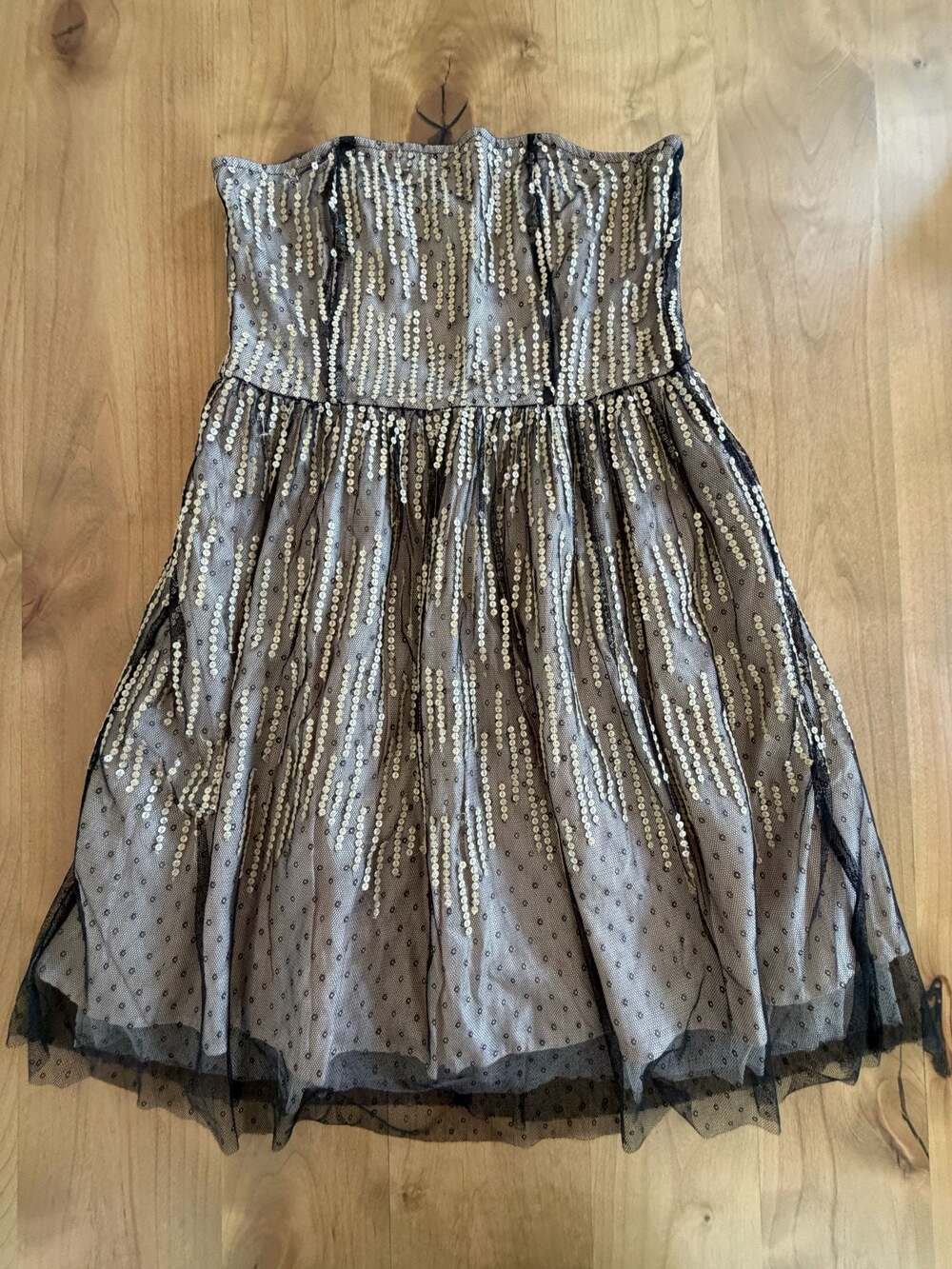 Frock and Frill Strapless Gold Sequin Dotted Tulle Cocktail Dress Sz 10